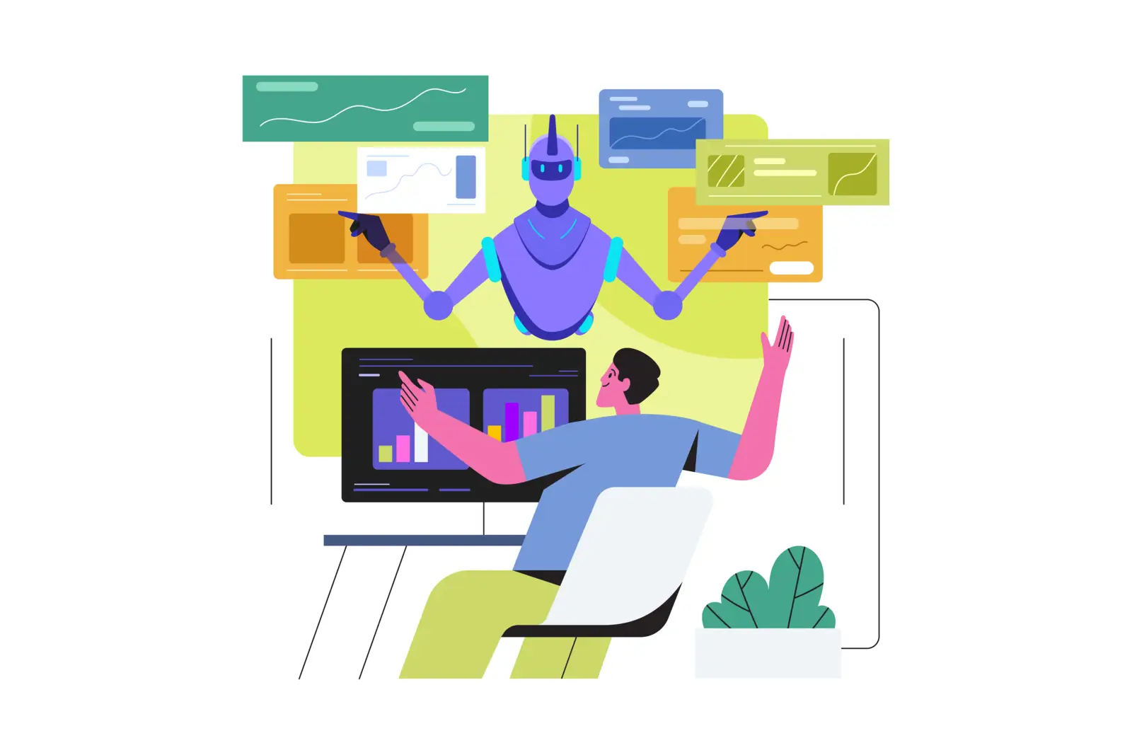 An Artificial Intelligence agent helping a man monitor resources