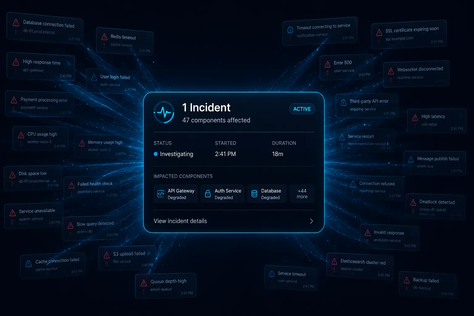 Single organized alert notification replacing flood of 47 separate alerts representing Netglare's alert grouping feature