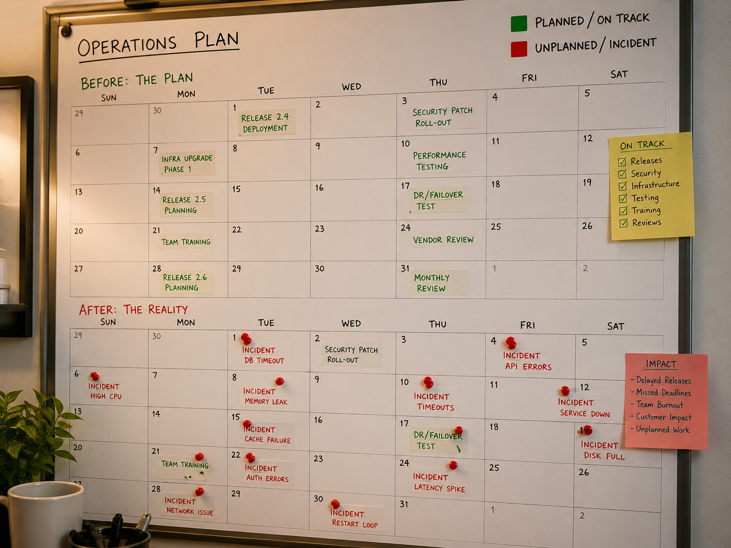 Infrastructure monitoring for COOs dashboard showing planned versus unplanned downtime split and operational impact metrics for business planning