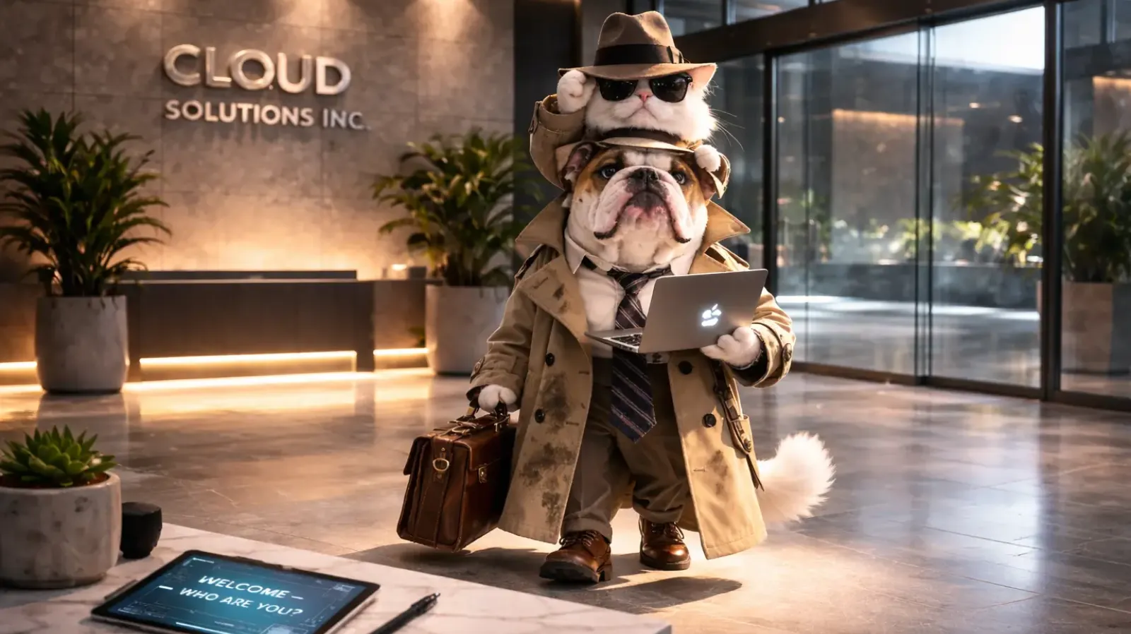 A cat standing on a bulldog's shoulders while wearing a trench coat to look like an adult
