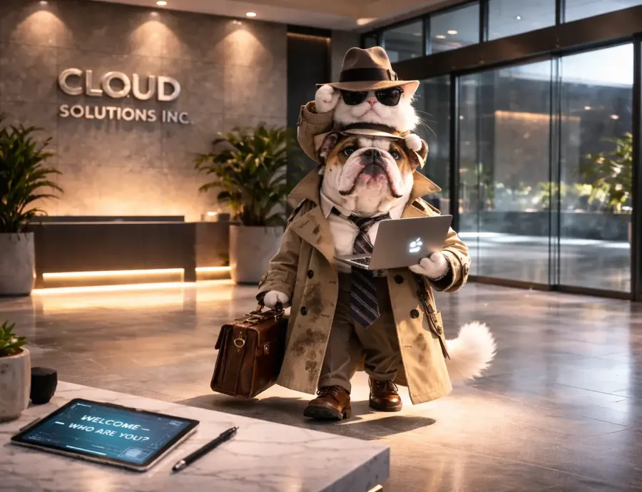 A cat standing on a bulldog's shoulders while wearing a trench coat to look like an adult